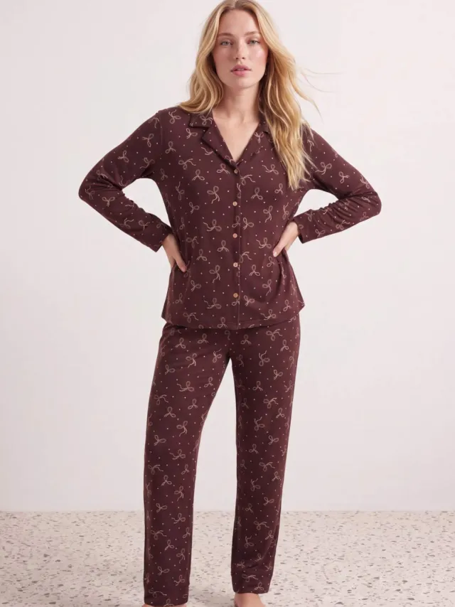 Trendyol TRENDYOLMİLLA Dames 2-pack Bruin Met grafische print Lang, Regular fit Pyjama- Sets