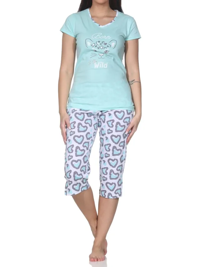 Normann dames capri pyjama korte mouw pyjama met dierenprintmotief – ook in grote maten türkis