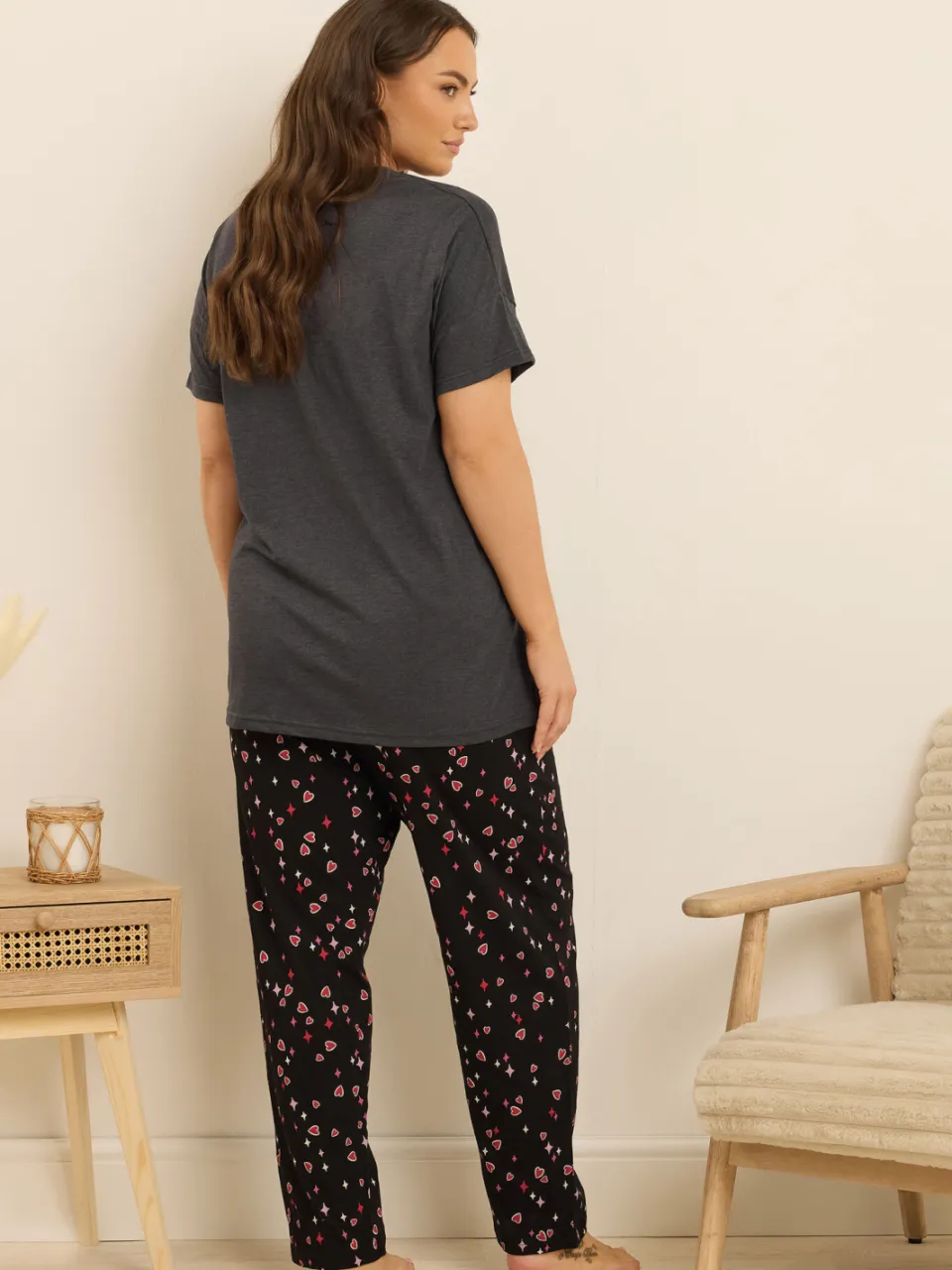 Yours Grey 'Feeling Lucky' Slogan Wijde Pijpen Pyjama Set-60, foto 4
