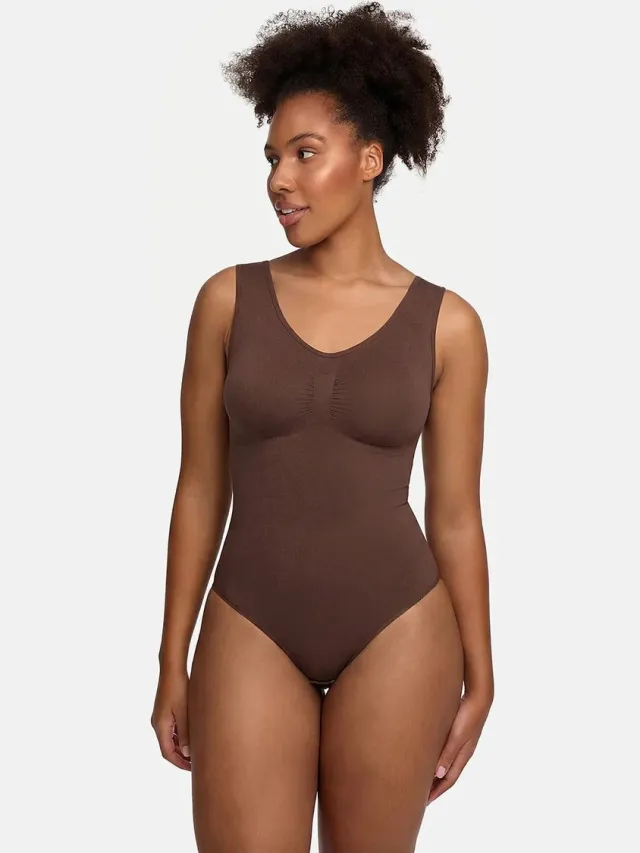 cfab Tanktop bodysuit met corrigerende werking en strikjes - Bruin - S - Corrigerende Body - Naadlos - corrigerend ondergoed dames