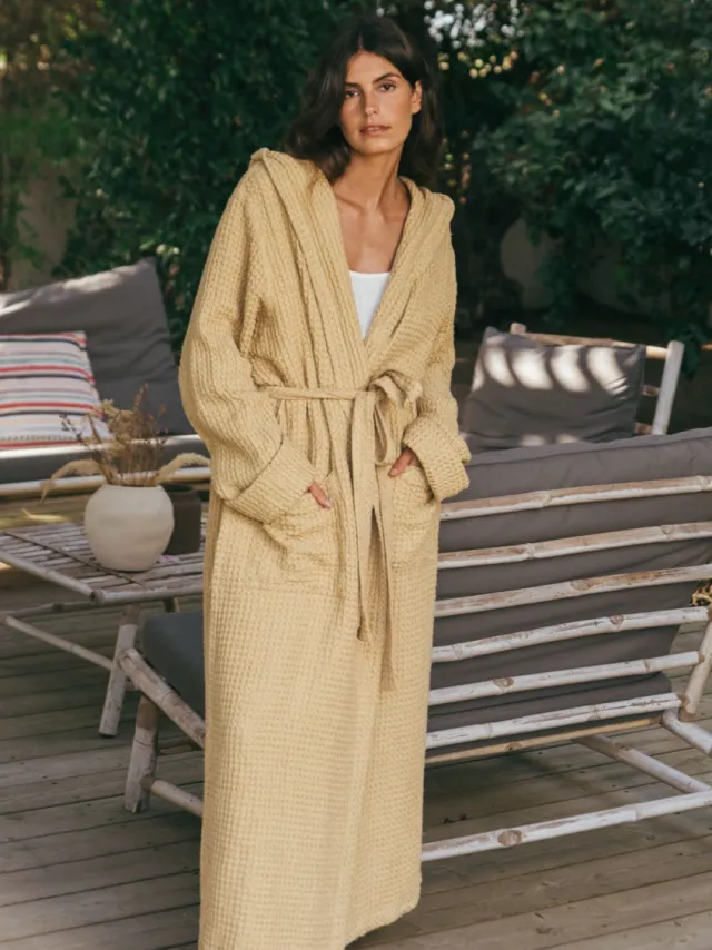 AmourLinen dames vegan Badjas Waffle Snuggle Mosterdgeel