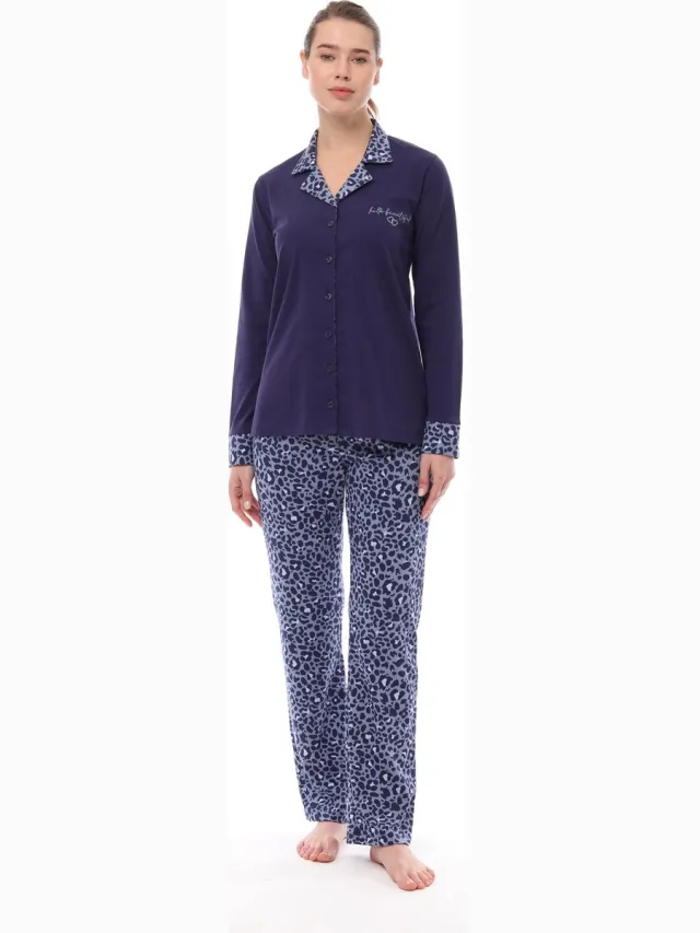 Pijadore Dames Pyjama Set, Lange Mouwen Donkerblauw