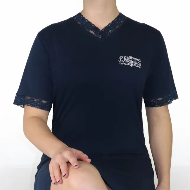 Medaillon Dames Nachthemd - Kantafwerking - Donker Blauw