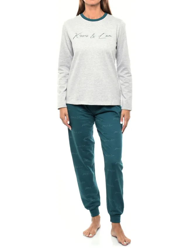 Kisses&Love KLP2 Vrouwen Lange Mouwen Pluche Winterpyjama Grijs