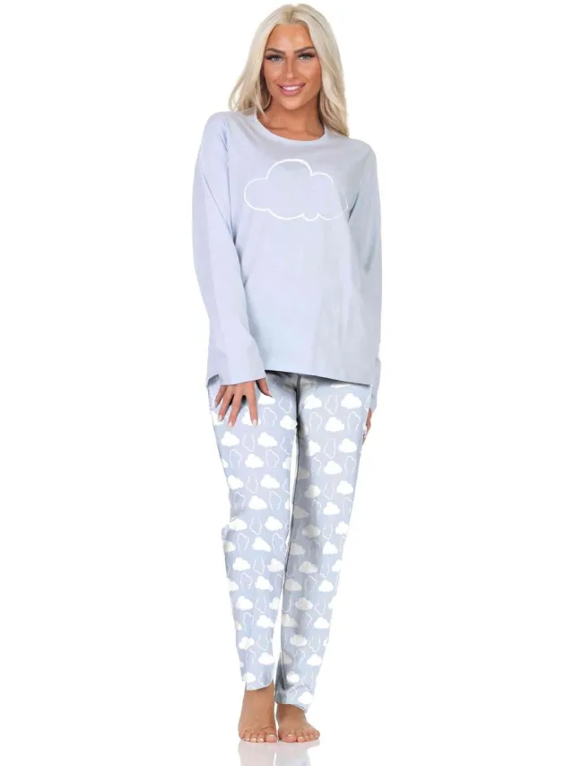 Normann dames pyjama lange mouwen pyjama in een relaxte look met wolkenmotief hellblau