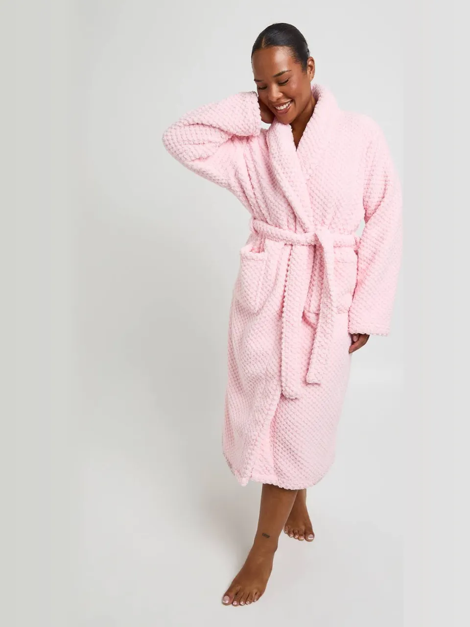 boohoo Dames Plus Wafel Fleece Lange Badjas Lichtroze