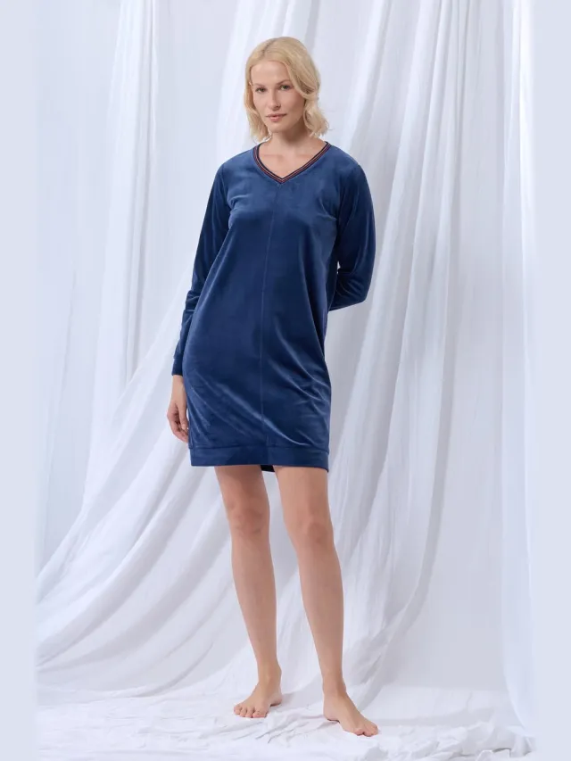 Lords & Lilies slaapkleed dames velours - donkerblauw - 252-51-TDA-V/831