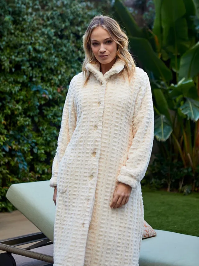 Barandi Dames Kamerjas Toscana – Lange fleece ochtendjas – Crème – Met knoopsluiting en zakken – Superzacht & warm