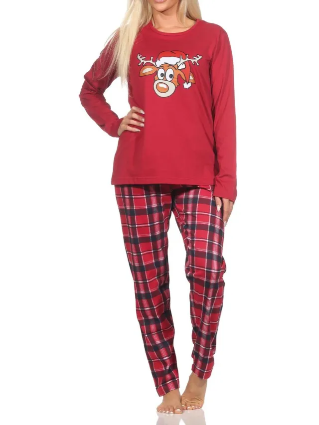 Normann Kerstpyjama met lange mouwen voor dames met grappig rendiermotief rot