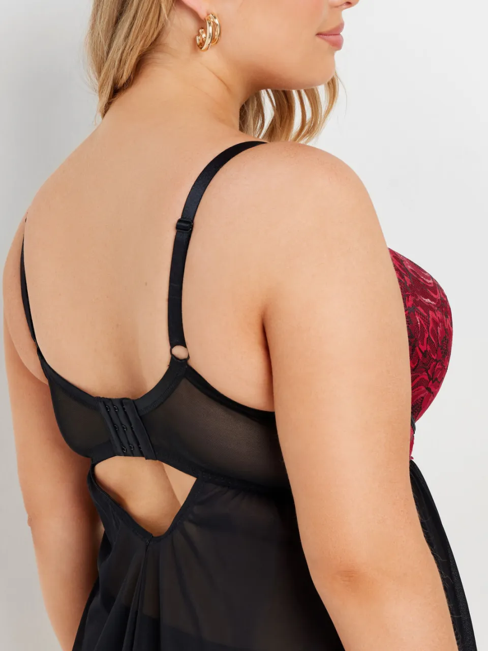 Yours Voorgevormde Babydoll Met Bloemenkant En Beugel In Rood/Zwart, foto 5
