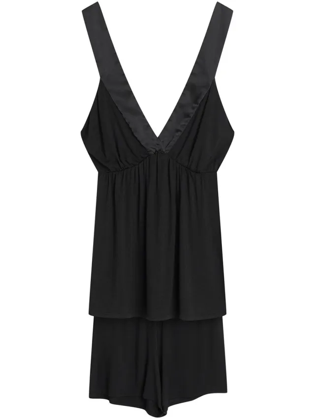 ESOTIQ Onyx - Damespyjama - Viscose - Satijnen Afwerking - Zwart