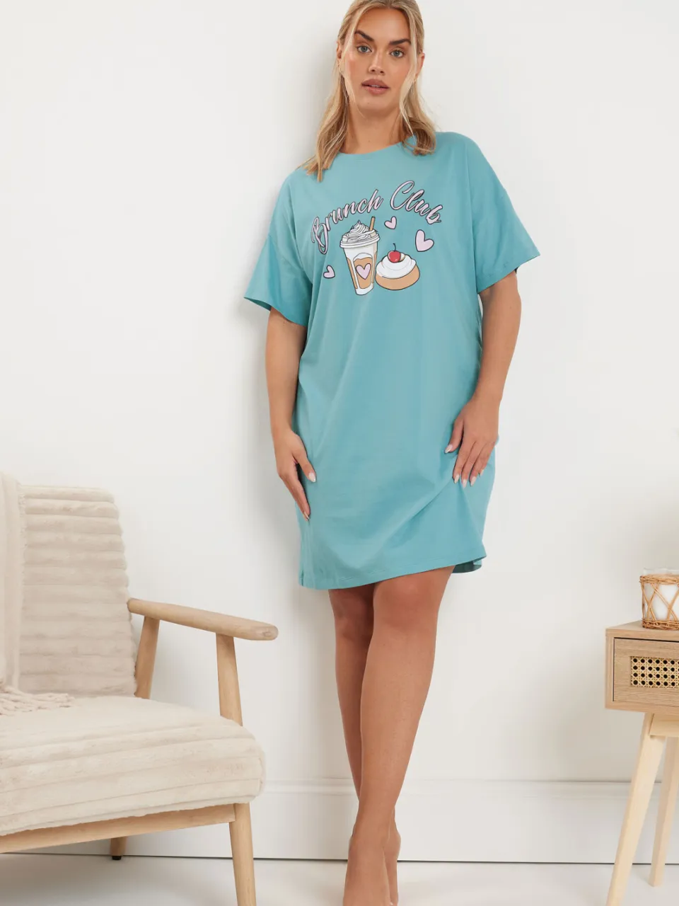 Yours Set Van Twee Paar Nachthemden Met 'Brunch Club' Slogan In Blauw/Zwart-52, foto 3
