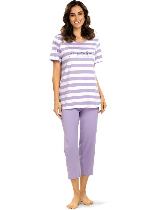 Comtessa Dames Pyjama - Katoen - Zomer - 7/8 broek - Lila Gestreept