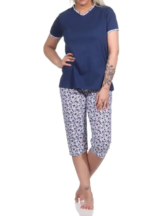 Normann Gebloemde capri damespyjama, korte pyjama met 3/4 capri broek - 123 204 10 152 marine