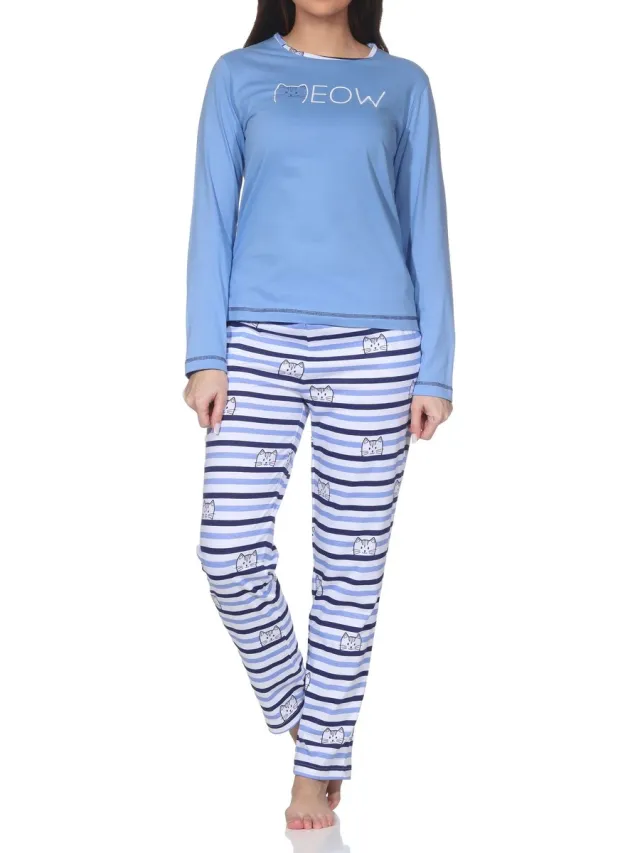 Normann dames pyjama met lange mouwen in kattenlook – ook in grote maten blau
