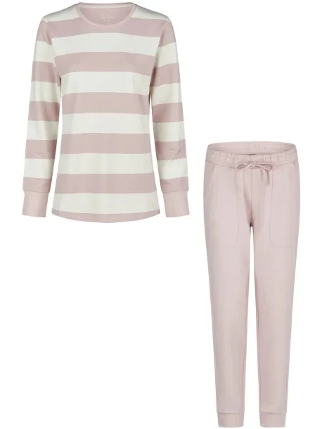 By Louise Dames lounge pyjama set lang sweatstof roze/wit gestreept, foto 2