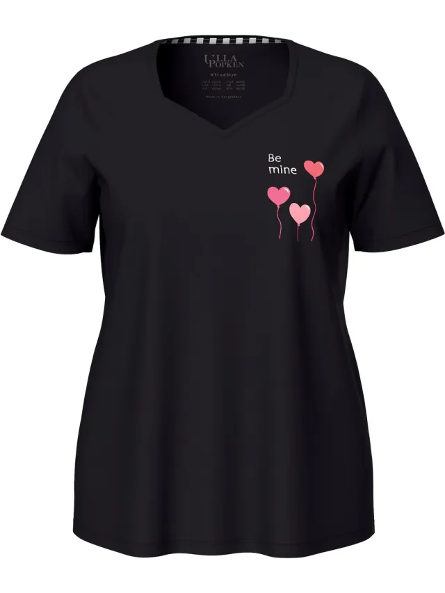 Ulla Popken Dames - Pyjamashirt harten korte mouwen - Zwart - Maat 42+