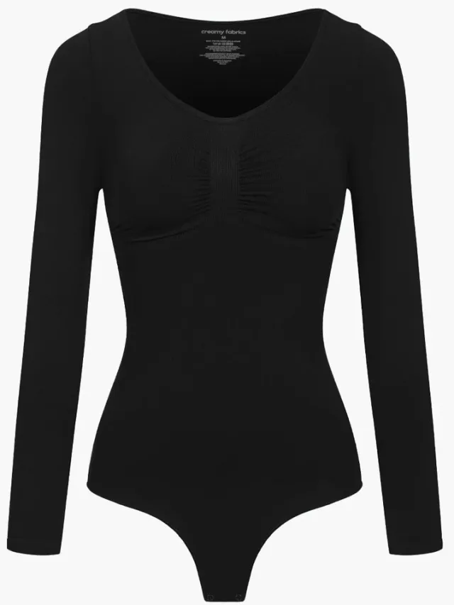 cfab Bodysuit met corrigerende werking, lange mouwen en koord - Zwart
