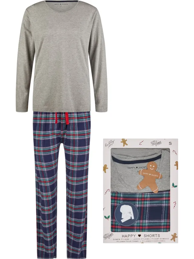 Happy Shorts Dames Kerst Pyjama Set Shirt + Broek Giftbox Flanel Geruit Grijs