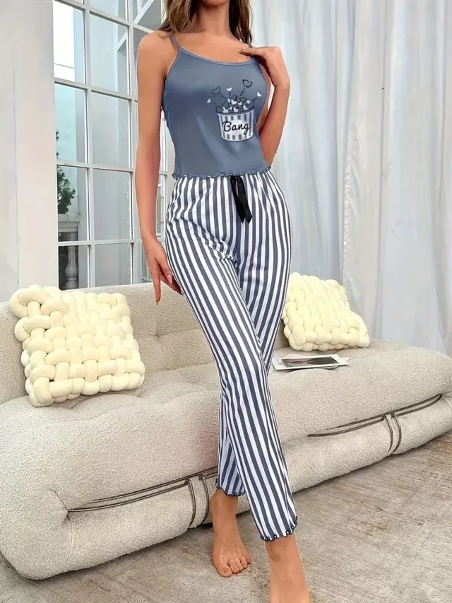 Karma Dames Pyjama Set - Cami Broek met Hartjes Print - Zwart - Licht Elastisch - Volwassenen Gemengde kleur