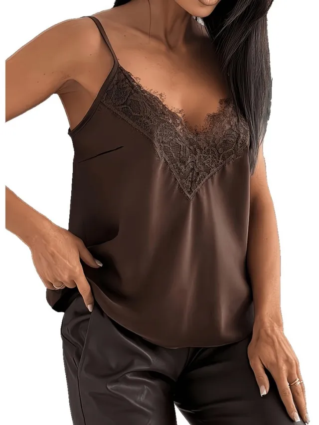 Currero Top Met Kant Dames - Topje - Kleding - Shirt - Blouse - Kort - Volwassen - Bruin