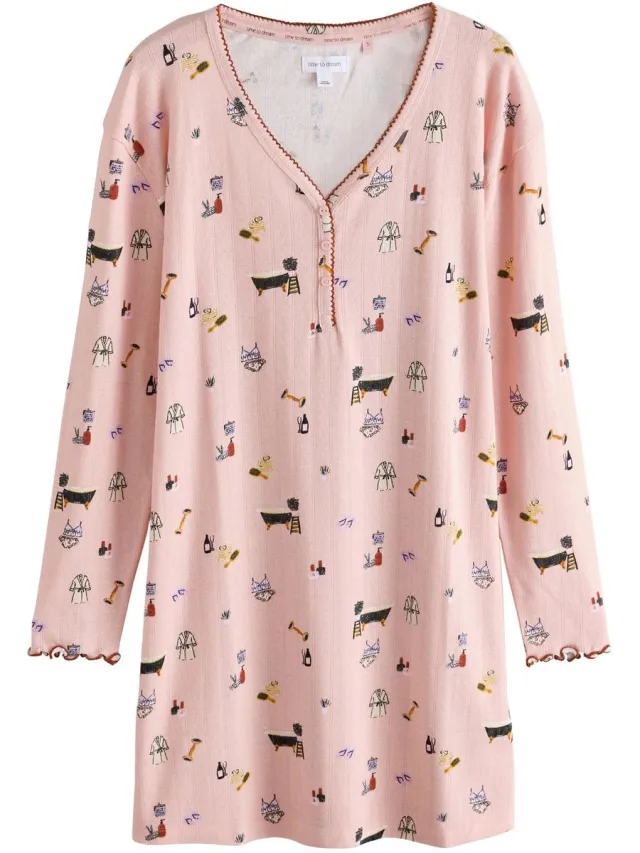Next Dames - Nachtpon met lange mouwen en ajourmotief - Roze Pink Spa Print