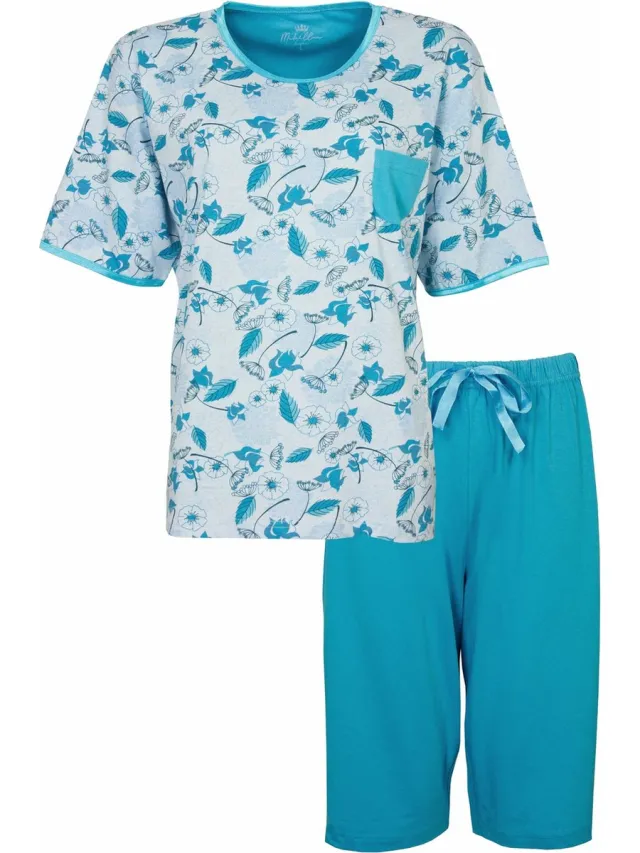 Medaillon Dames Pyjama - Katoen - Bloemenprint - Turquoise Blauw