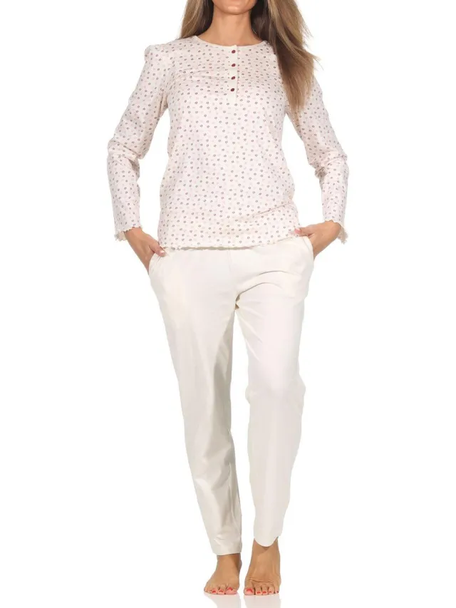Normann Damen langarm Schlafanzug Pyjama im eleganten Minimal-Print creme
