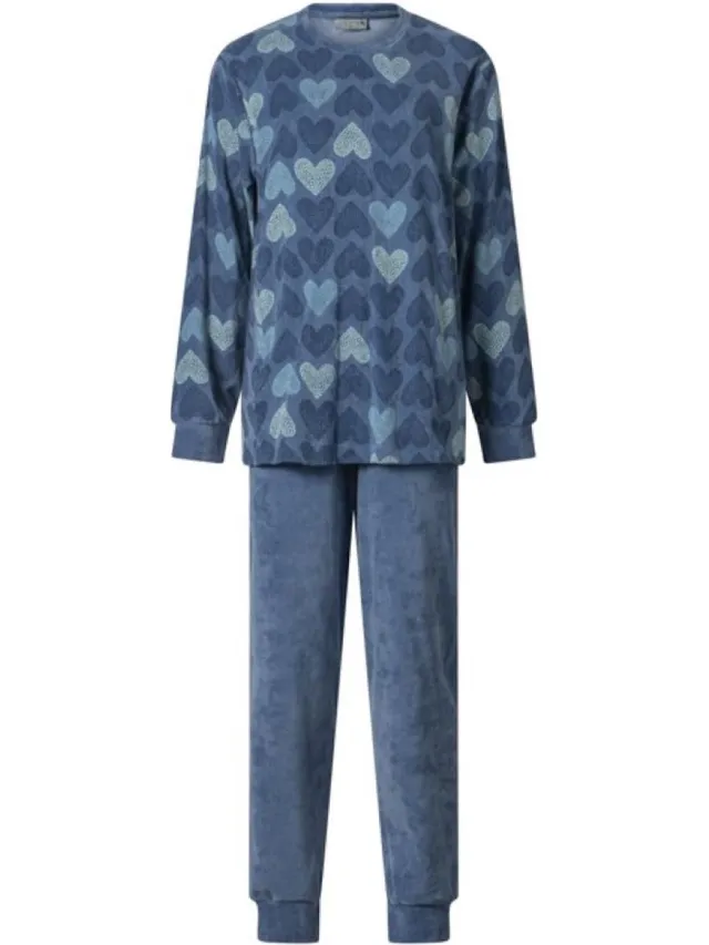 Lunatex warme dames pyjama Hearts 124235 - velours - blauw
