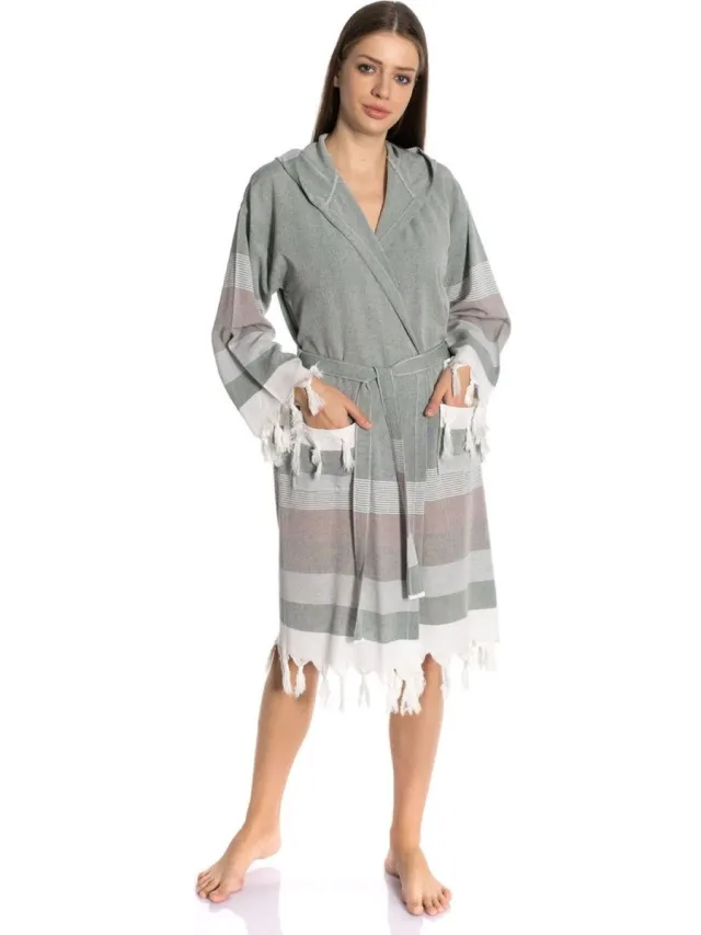 Lubna Home Dames Badjas SMALL-OCHTEND BADJAS -HAMAMDOEK STOF LICHT GROEN-SMALL