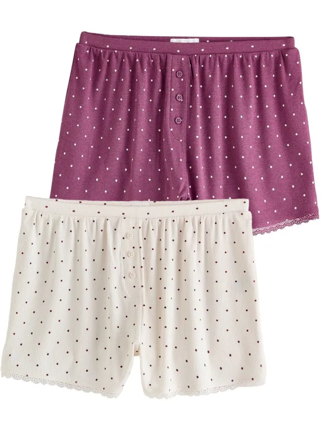 Next Dames - Set van 2 geribbelde shorts - Paars Burgundy/Ecru Spot