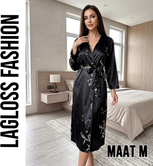 LaGloss Elegante Kimono Dames Ochtendjas Zwart met Bloemenprint - Lichtgewicht Badjas