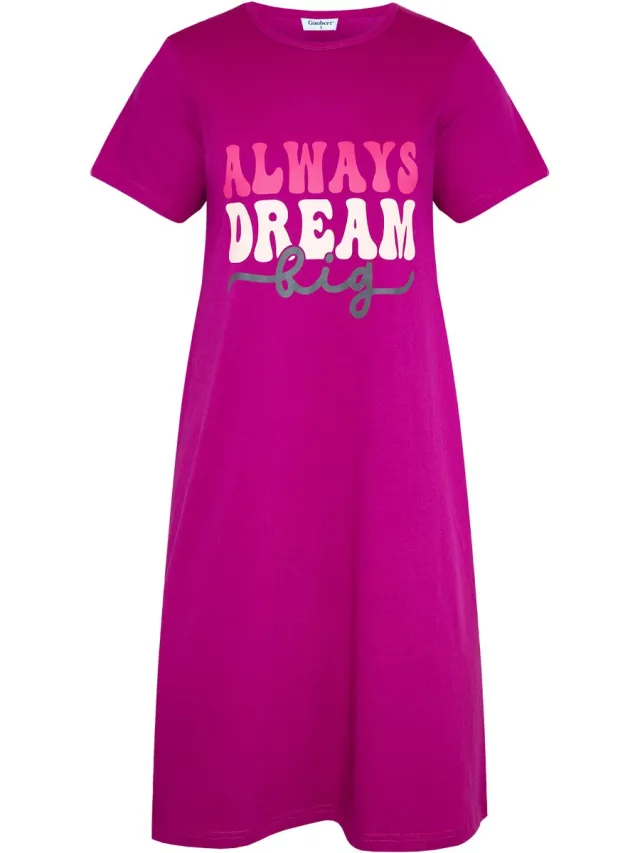 GAUBERT Essential Dames Nachthemd Korte Mouw - Premium Gekamd Katoen - Always Dream Big - Fuchsia - GB-6805 Korte Mouw, Fuchsia, Always Dream Big