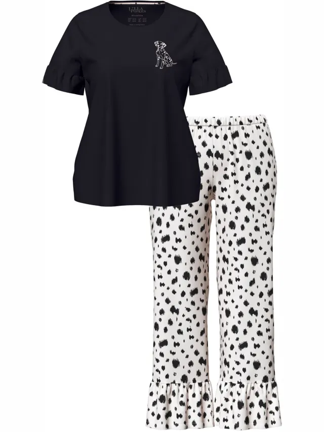 Ulla Popken Dames - Pyjama dalmatiër ronde hals korte volantmouwen - Zwart - Maat 42+