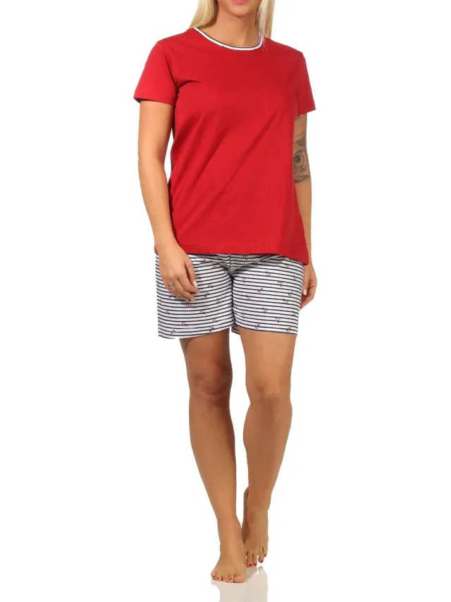 Normann Maritieme dames shorty pyjama met korte mouwen, gestreepte broek - 112 205 10 717 rot