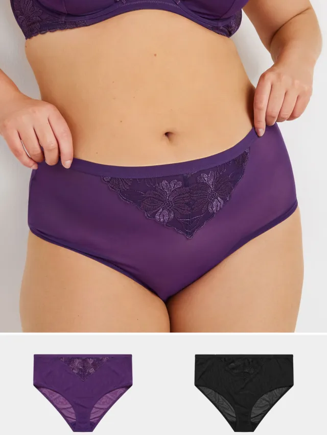 Yours Set Van Twee Paar Slips Met Kanten Inzet In Paars/Zwart-44 Purple