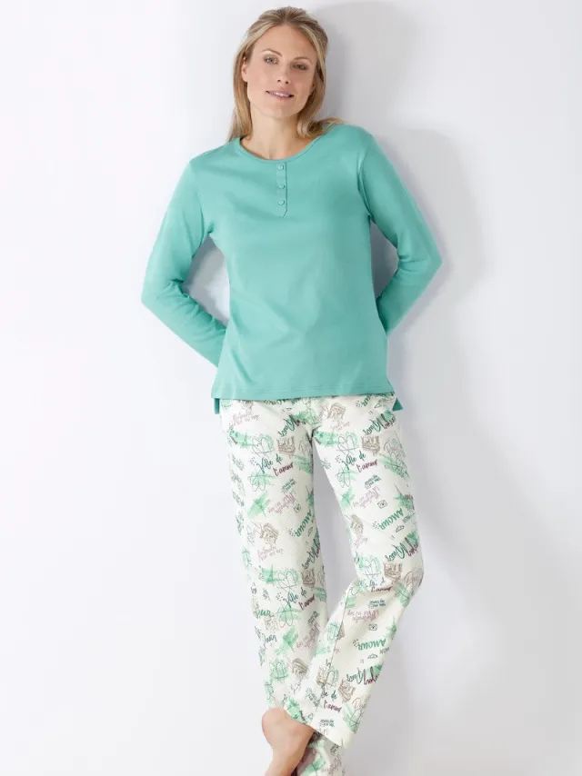 Hajo Turquoise Paris dames pyjama Hajo - Blauw - Maat - 52/54