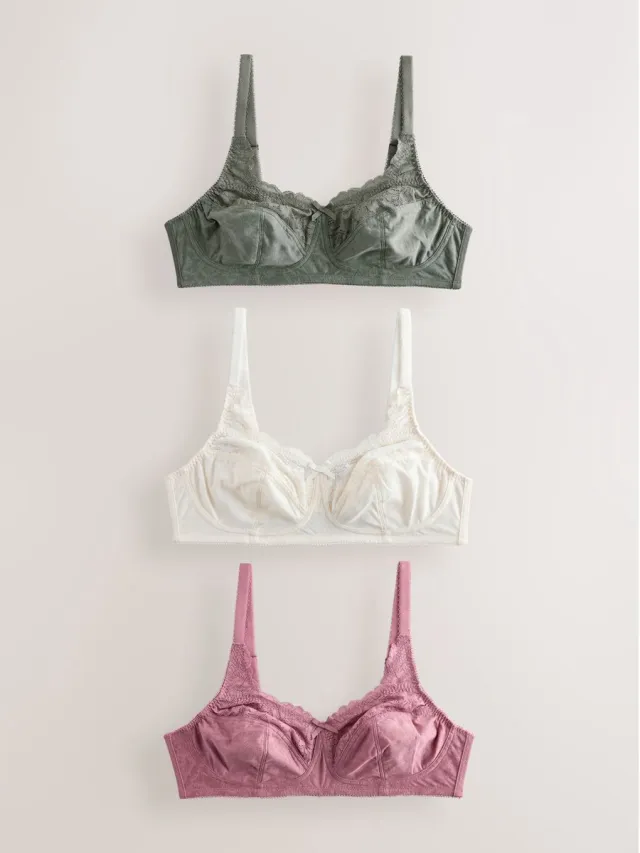 Next Dames - Set van 3 Ultimate Comfort beha's met kant en hele cups, zonder beugels - Groen Green/Pink/Cream