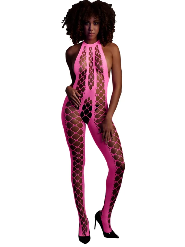 Ouch! by Shots Bodystocking met Halterneck - One Size - Neon Pink
