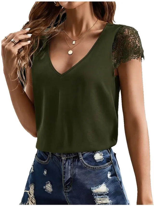 Currero Top Met Kant Dames - Topje - Kleding - Shirt - Blouse - Kort - Volwassen - Groen