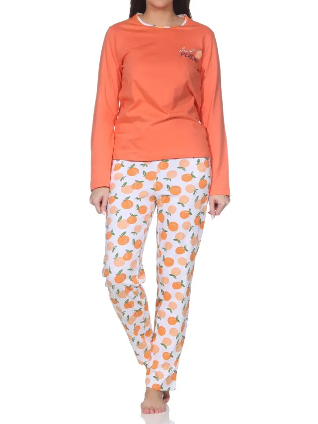 Normann damespyjama met lange mouwen – ‘Peachy’-ontwerp – zacht jerseycomfort orange