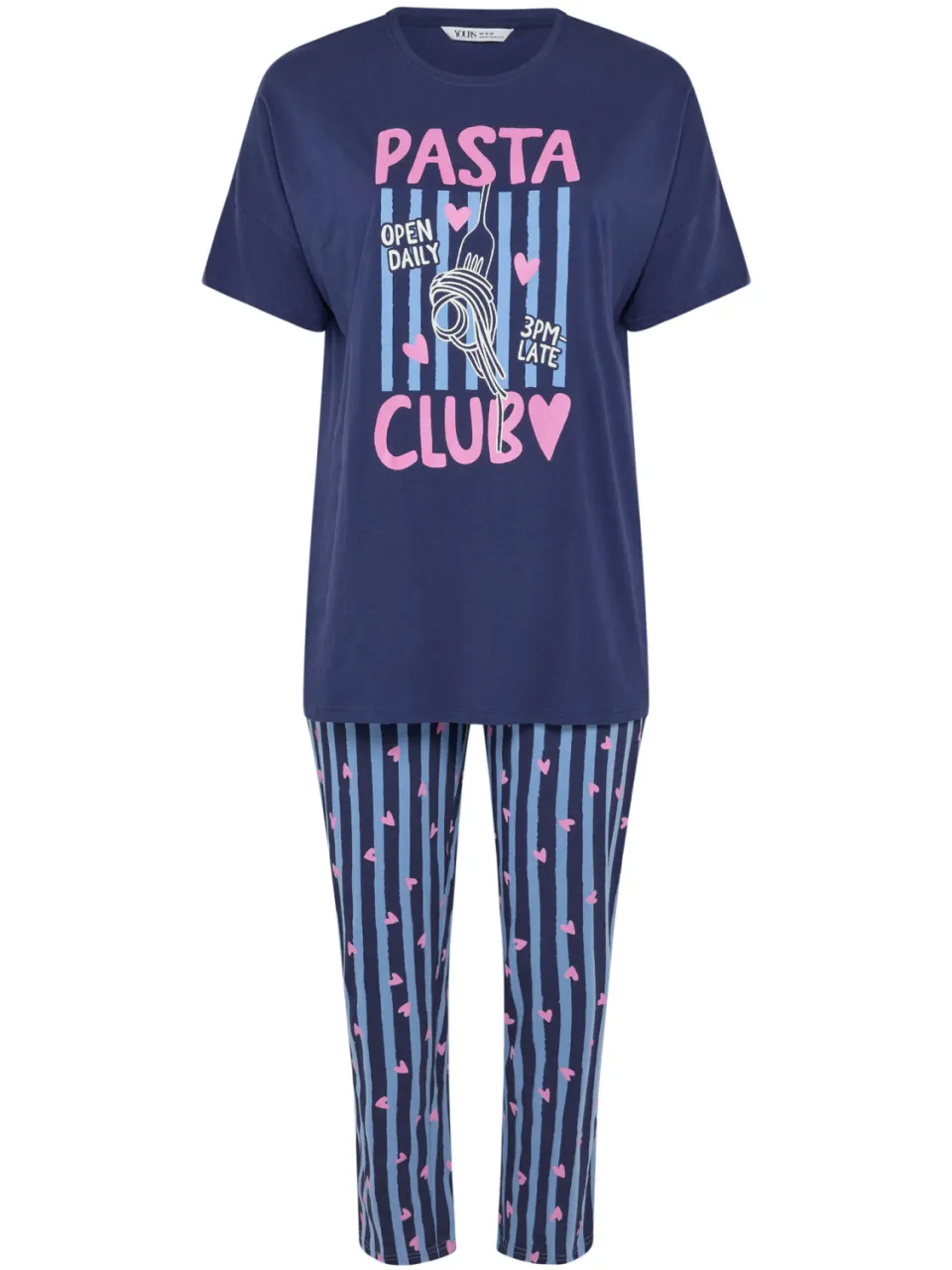 Yours Marineblauwe Pasta Club Wijde Gestreepte Pyjama Set-44, foto 4