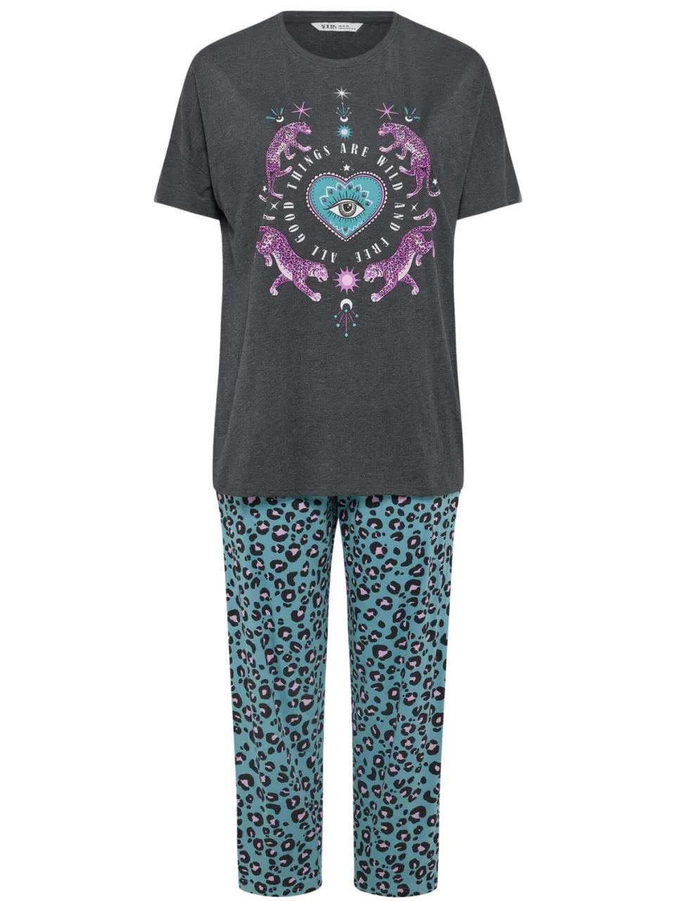 Yours Charcoal Grey Wild And Free Leopard Wide Leg Pyjama Set-56, foto 4