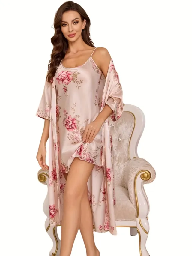 Currero Satijnen Badjas Dames - Kimono - Kamerjas - Satijn - Ochtendjas - Duster - Pyjama - Roze