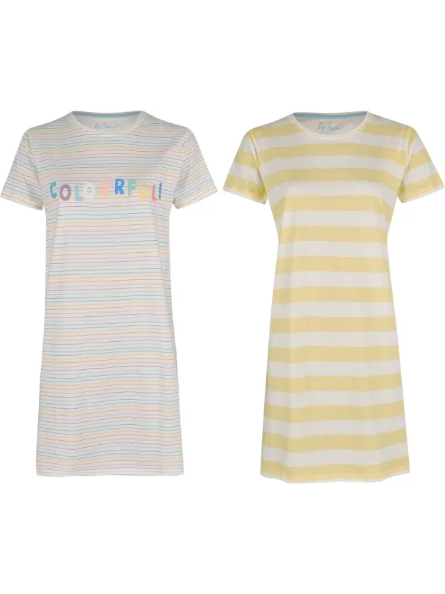 By Louise Nachthemd Dames Set Korte Mouwen Katoen Geel Colourful 2-Pack | big shirt | slaaphemd
