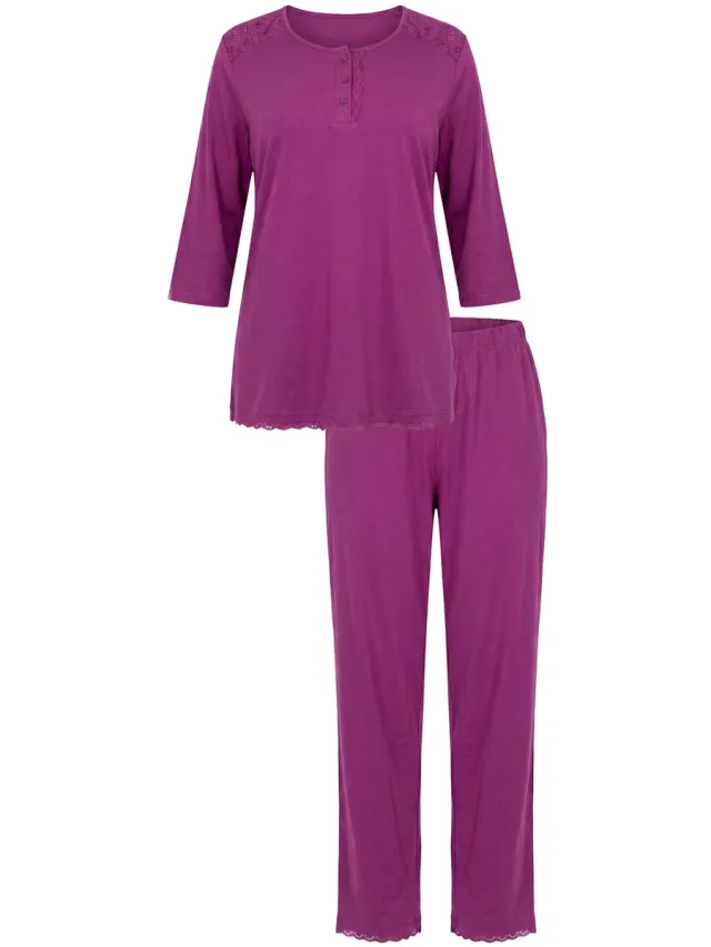 Ulla Popken Dames - pyjama ogenborduursel ronde hals siernaden 3/4-mouwen - Bes - Maat 46+