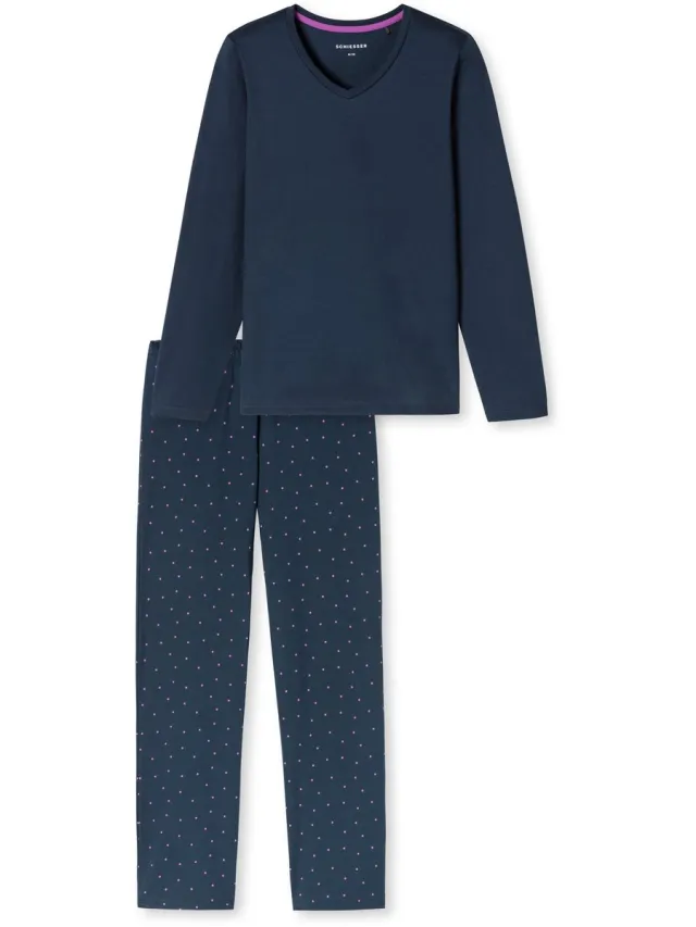 Schiesser dames Casual Essentials lange pyjama met streepjes van - deepblue dessin Blauw