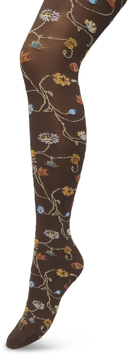 Bonnie Doon Bloemen Panty 80 Denier Donker Bruin Dames - Bloemen Print - Gladde Naden - Maximaal Draagcomfort - Floral Tights - Chique Panty - Feestelijk - Gebloemd - Kleurrijk - Bloemenprint -Bruin - Bracken - BP221906.158