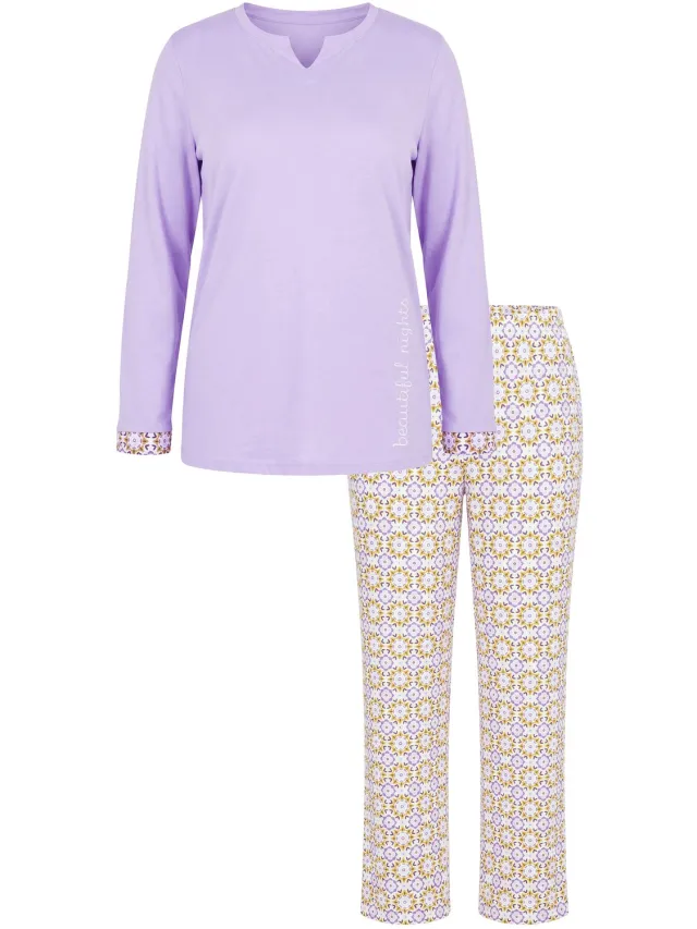 Ulla Popken Dames - Pyjama patroon tuniekhals lange mouwen - Zachtlavendel - Maat 54+