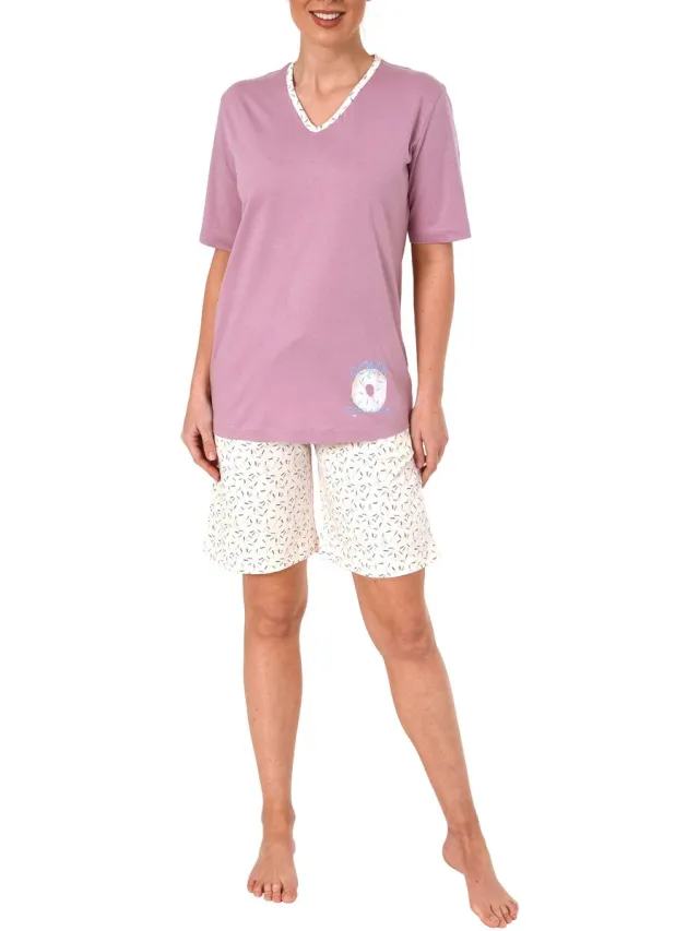 Normann Leuke dames pyjama pyjama korte mouw met donut als motief - 63863 altrose